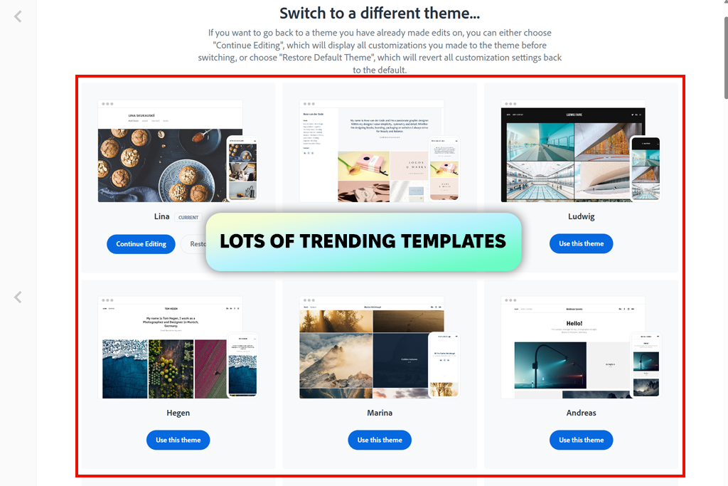 adobe portfolio website interface
