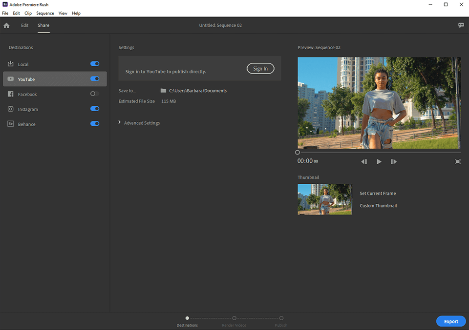 exportación en redes sociales de adobe premiere rush