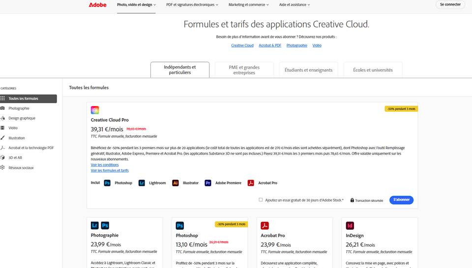 tarifs adobe