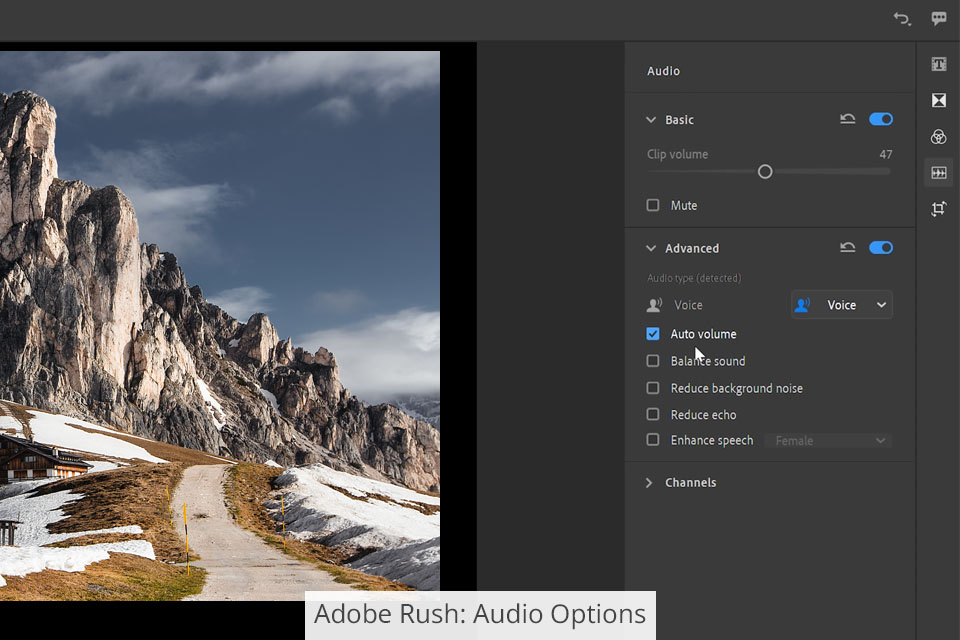 adobe rush audio options