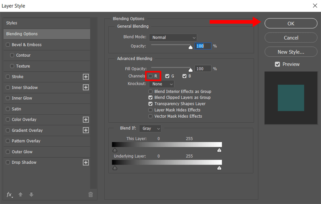 advanced blending panel red for glitch effect in photoshop