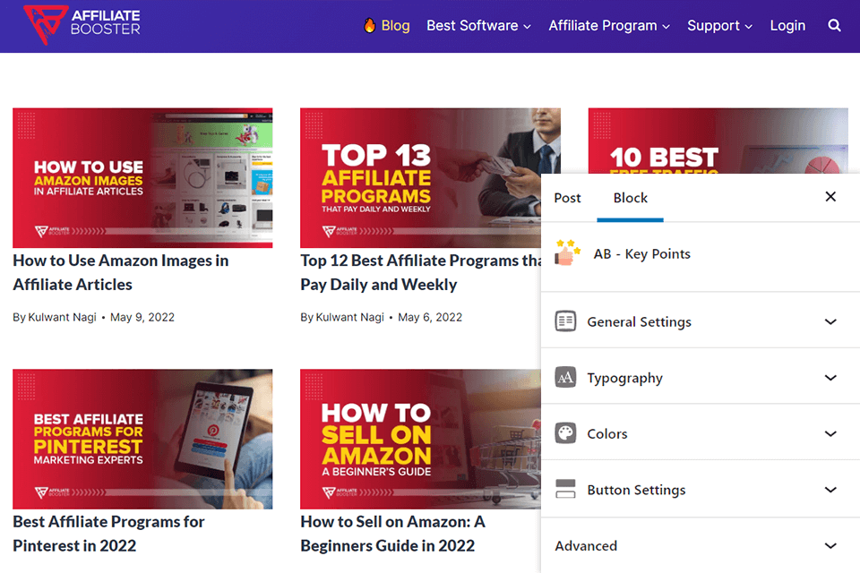 affiliatebooster wordpress plugin for blogs interface