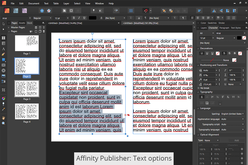 affinity publisher text options