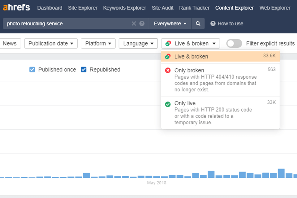 ahrefs innehållsutforskaren trasiga och levande länkar