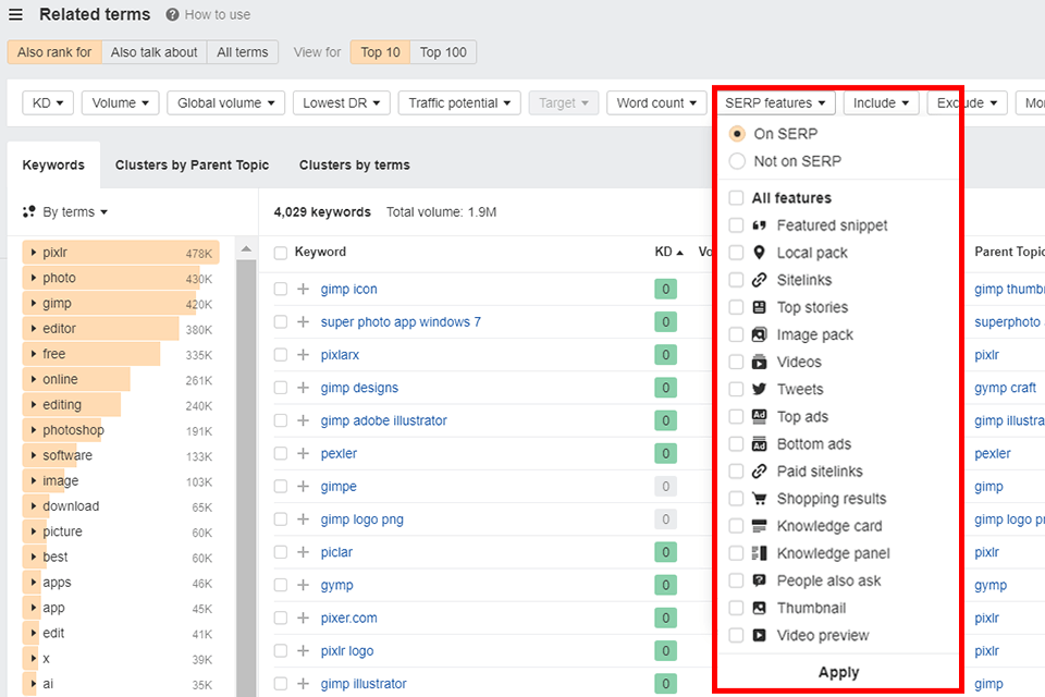 ahrefs sökord explorer serp funktioner