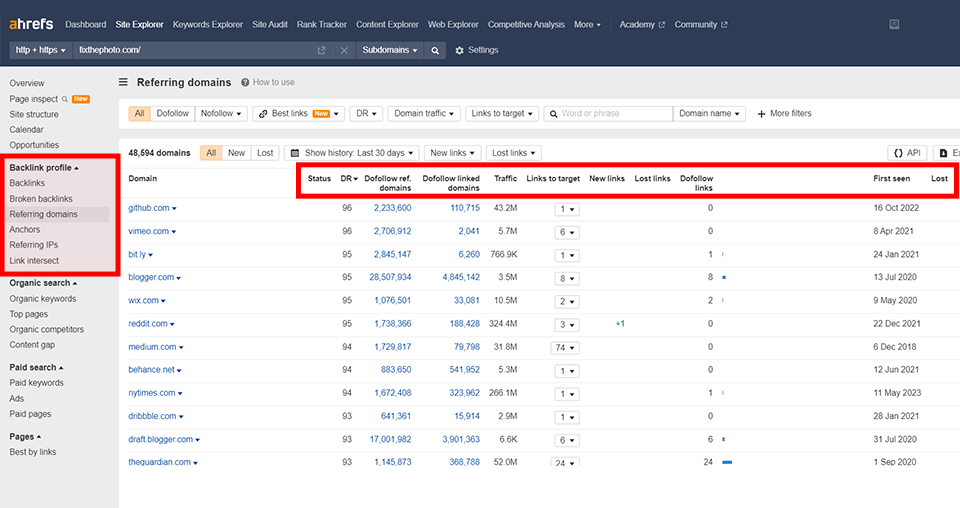 ahrefs bakåtlänk för webbplatsutforskare som hänvisar till domäner