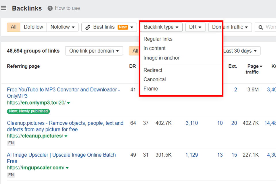 ahrefs typ av bakåtlänk för webbplatsutforskaren
