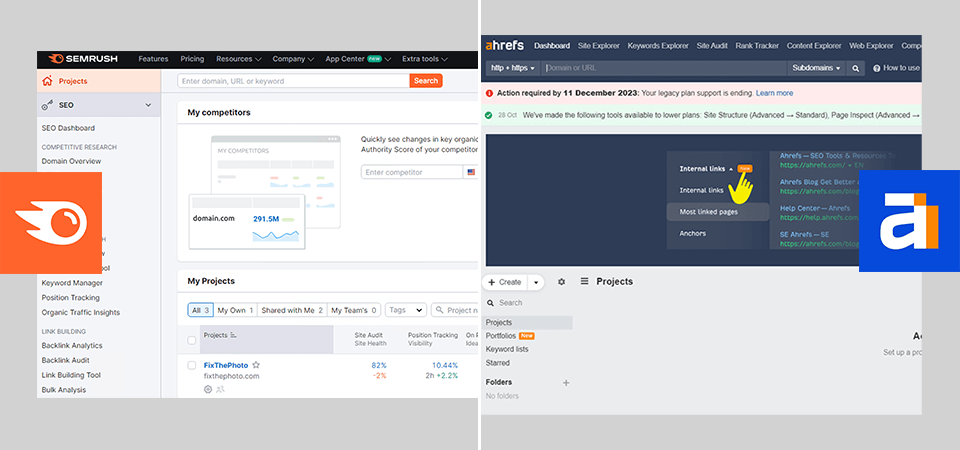 ahrefs vs semrush interface