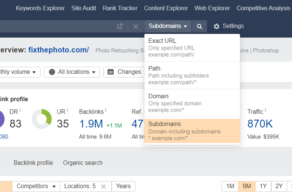 ahrefs webbplatsutforskare väljer url