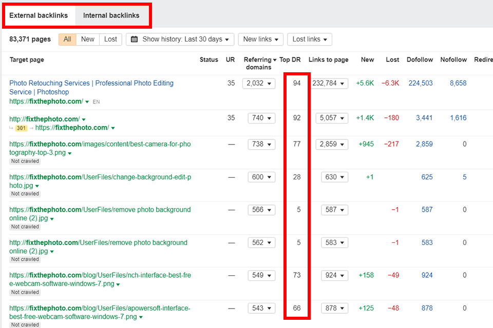 ahrefs externa och interna bakåtlänkar för webbplatsutforskaren