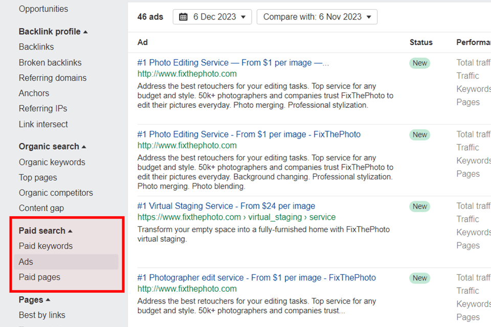 ahrefs webbplatsutforskaren betald sökning