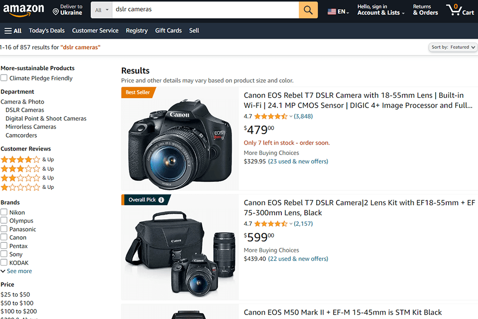amazon online camera store interface