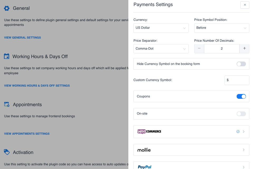 amelia plugin payment settings