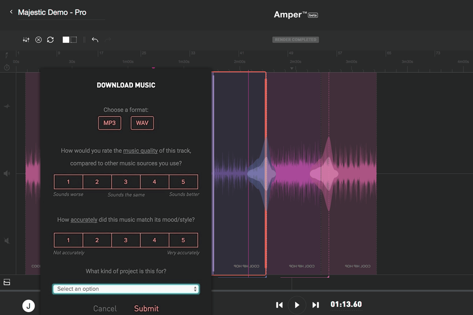 amper ai music generator interface