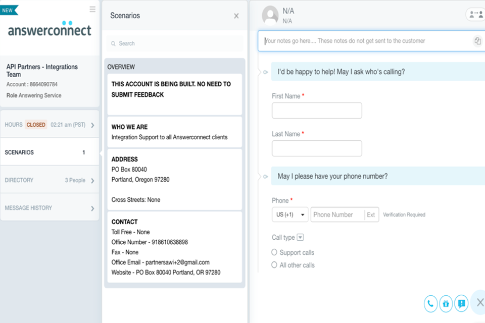 answerconnect answering service interface