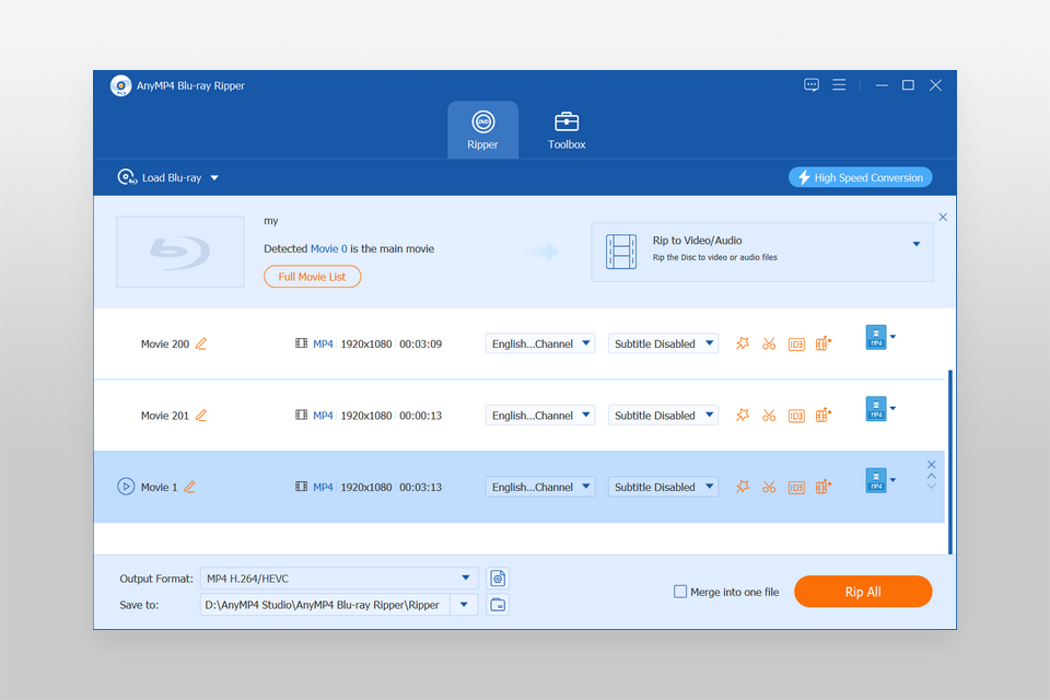 anymp4 blu ray ripper interface