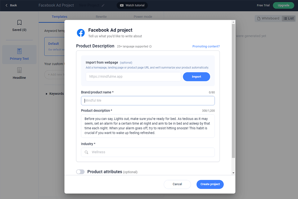 anyword ai copywriter facebook ad