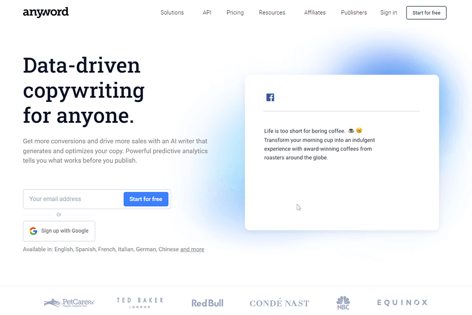 anyword ai copywriter interface