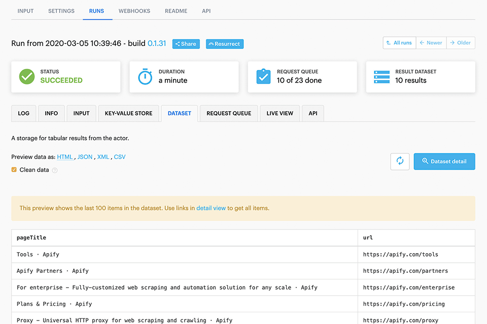 apify инструмент для сканирования сайта интерфейс