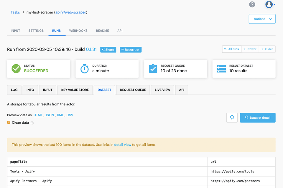 apify web crawler tool interface