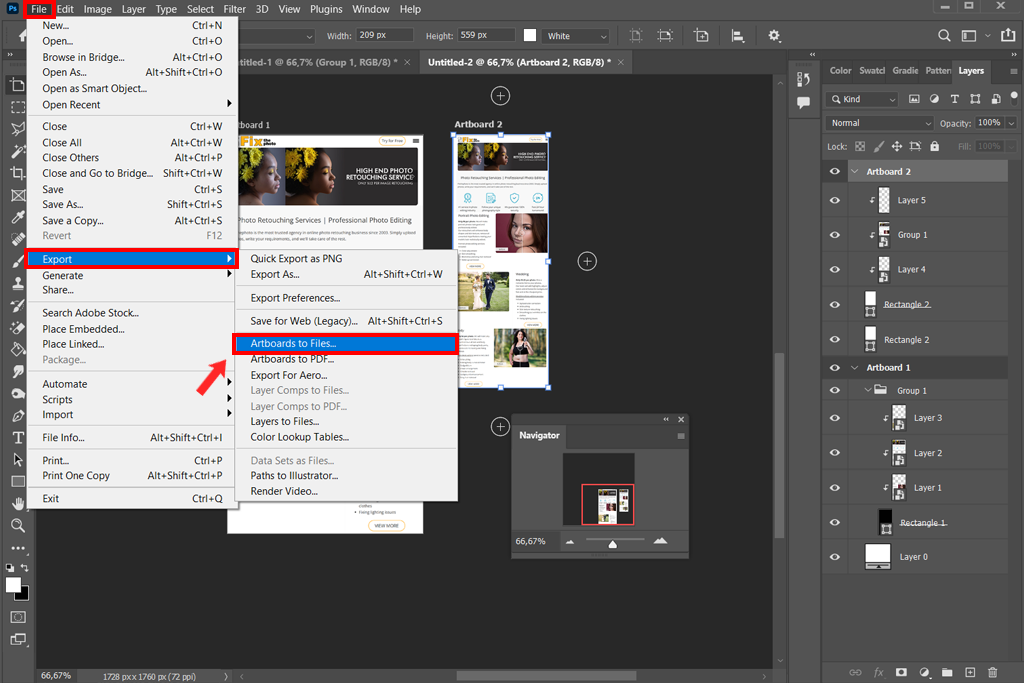 artboards in photoshop export