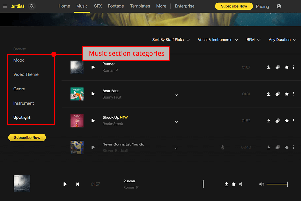 artlist music section categories