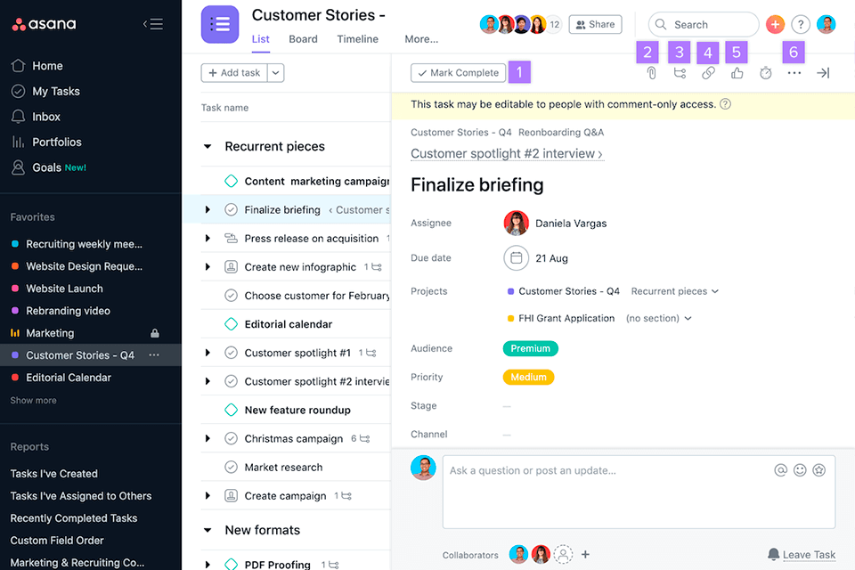 asana public relations software interface