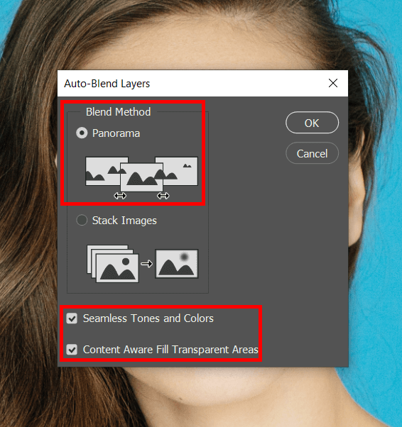 auto blend settings to swap head in photoshop