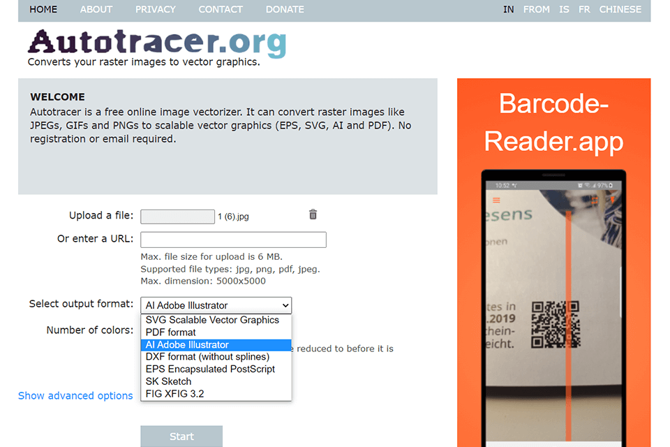 autotracer png to ai converter interface