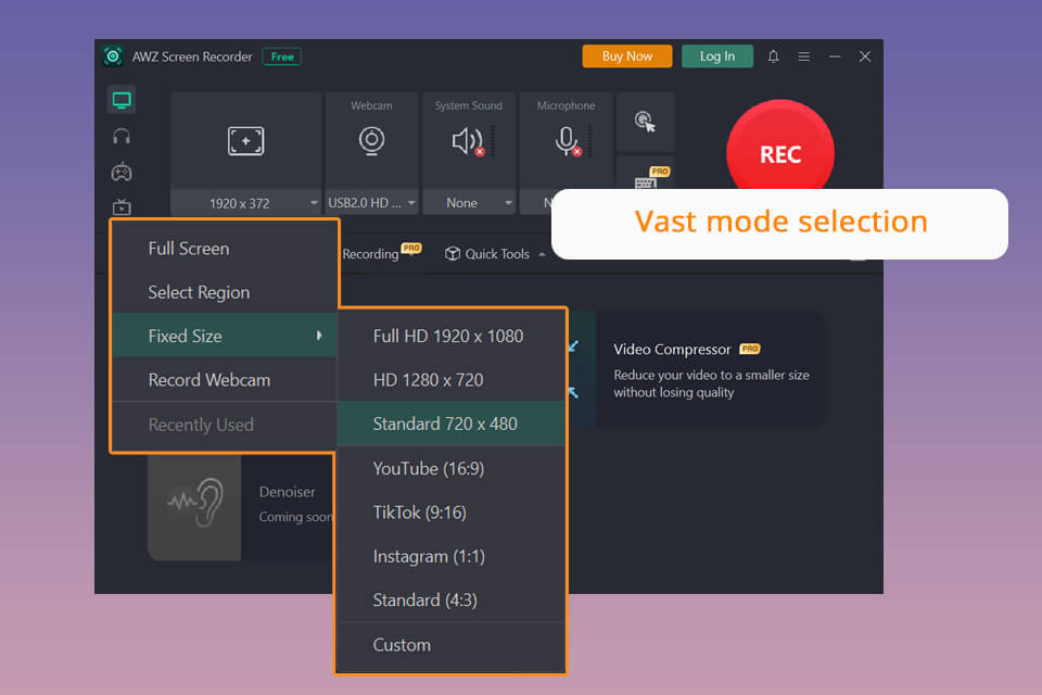 awz screen recording mode selection