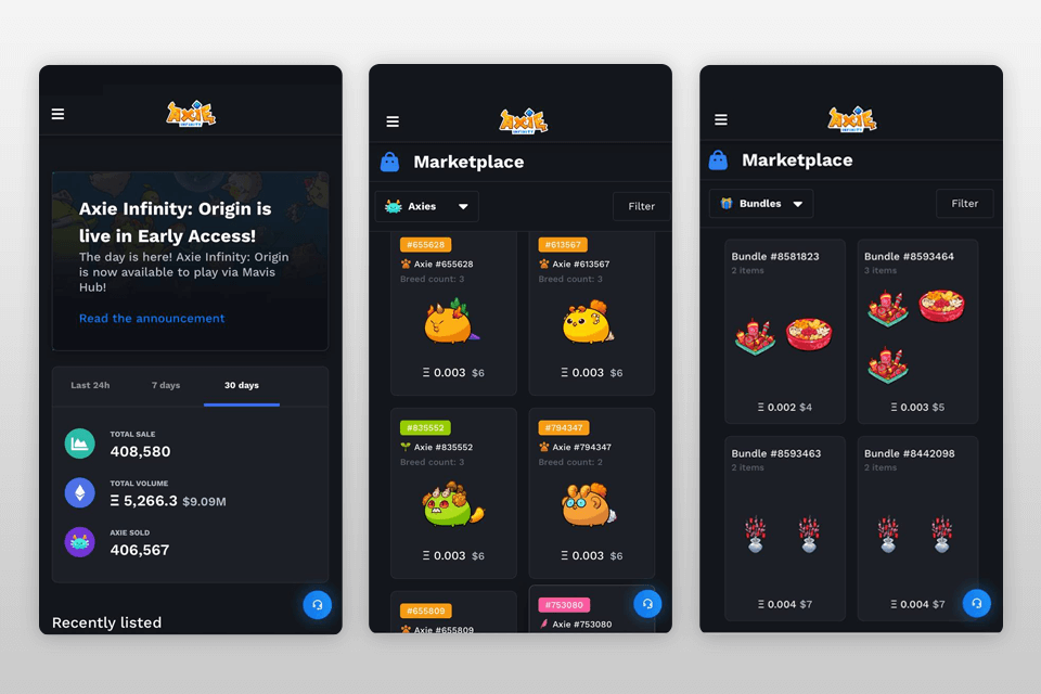 axie marketplace nft app interface