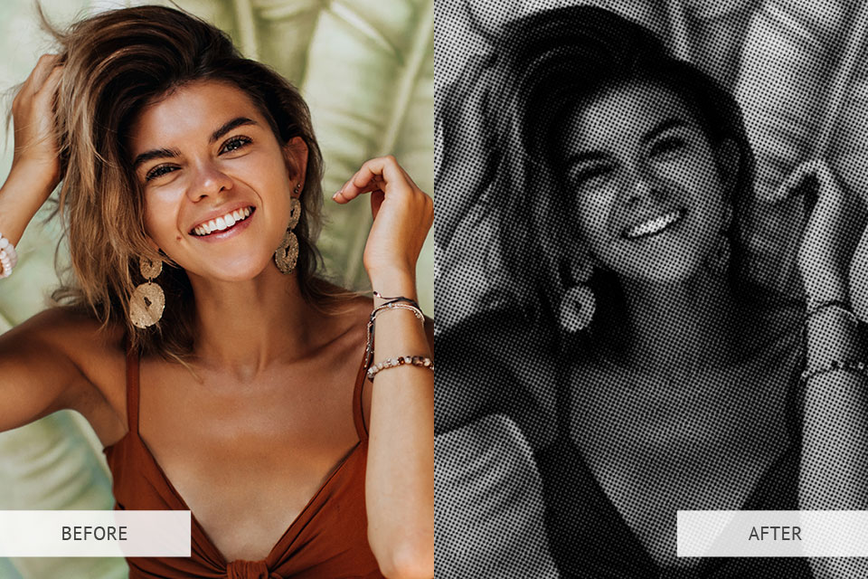 before and after creation halftone pattern in photoshop