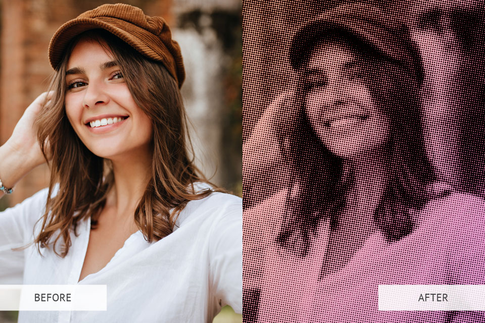 before and after halftone pattern in photoshop