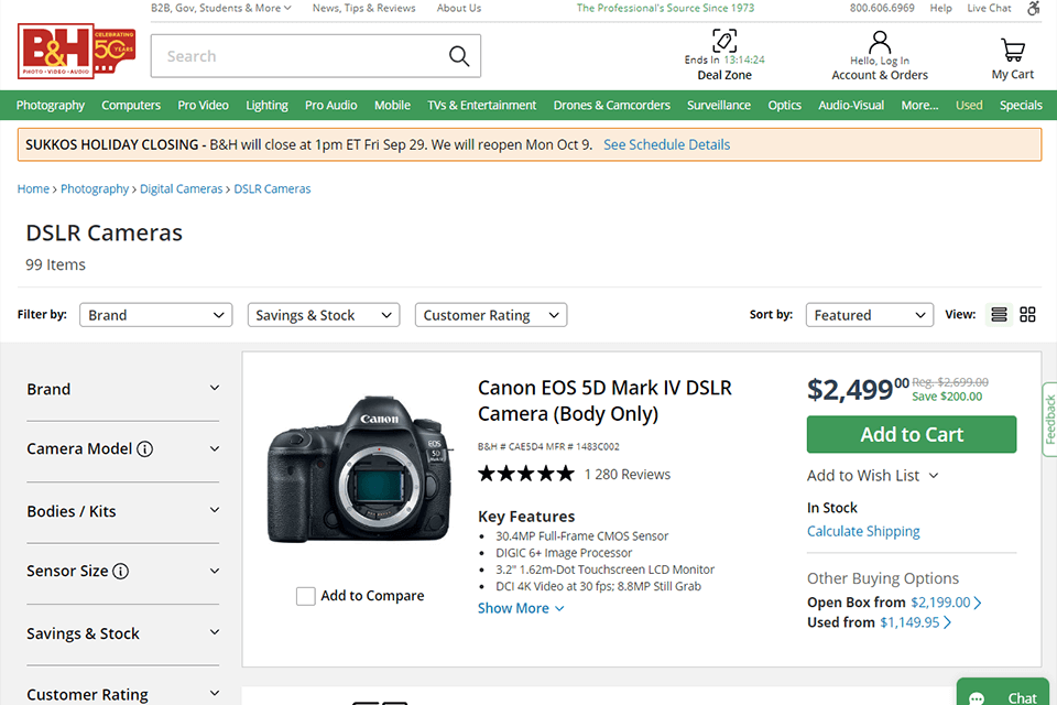 bh online camera store interface