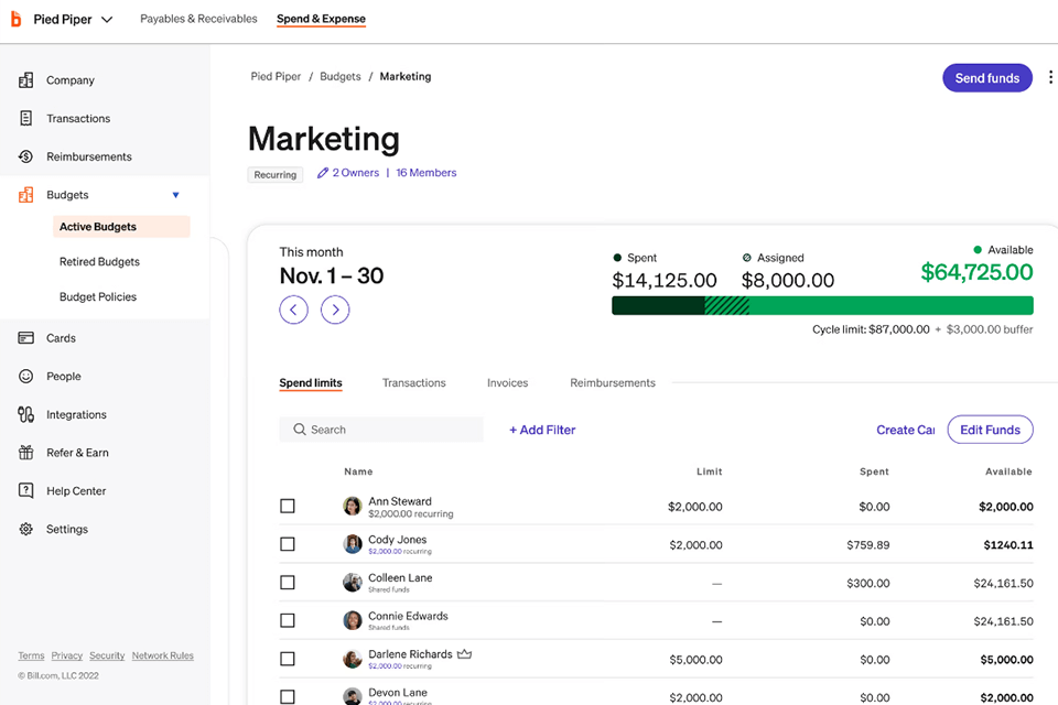 bill spend spend management software interface