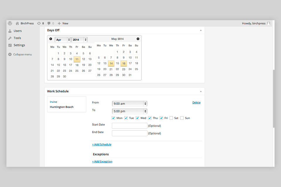 birchpress wordpress booking plugin interface