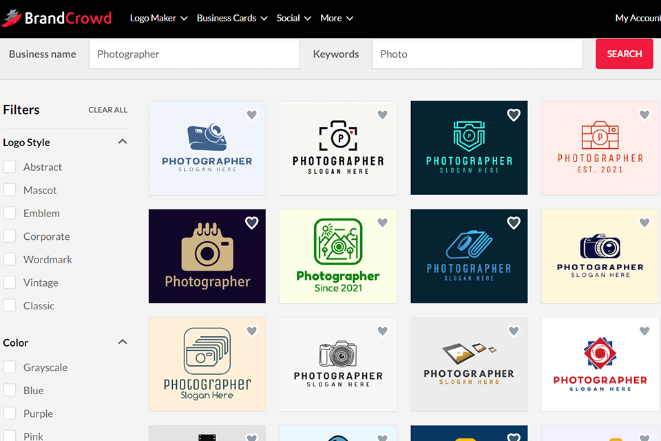 brandcrowd photography logo maker website interface