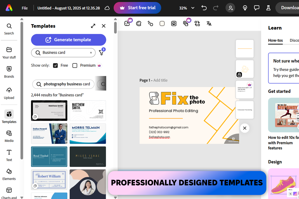 business card creating in adobe express
