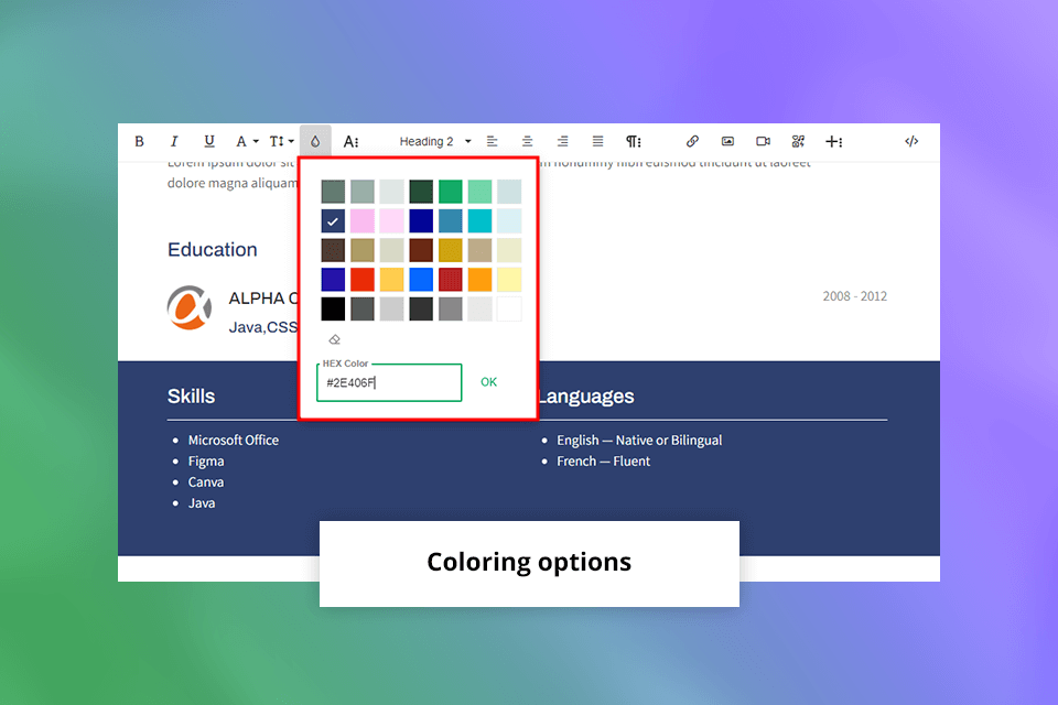 cakeresume coloring options