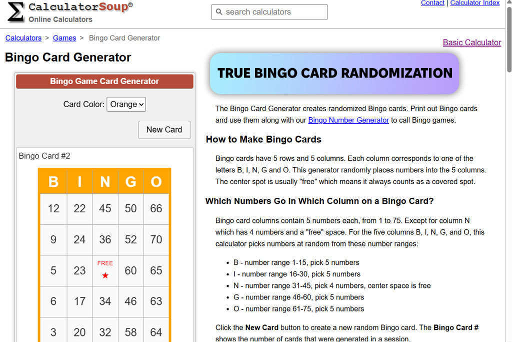 calculatorsoup bingo card generator