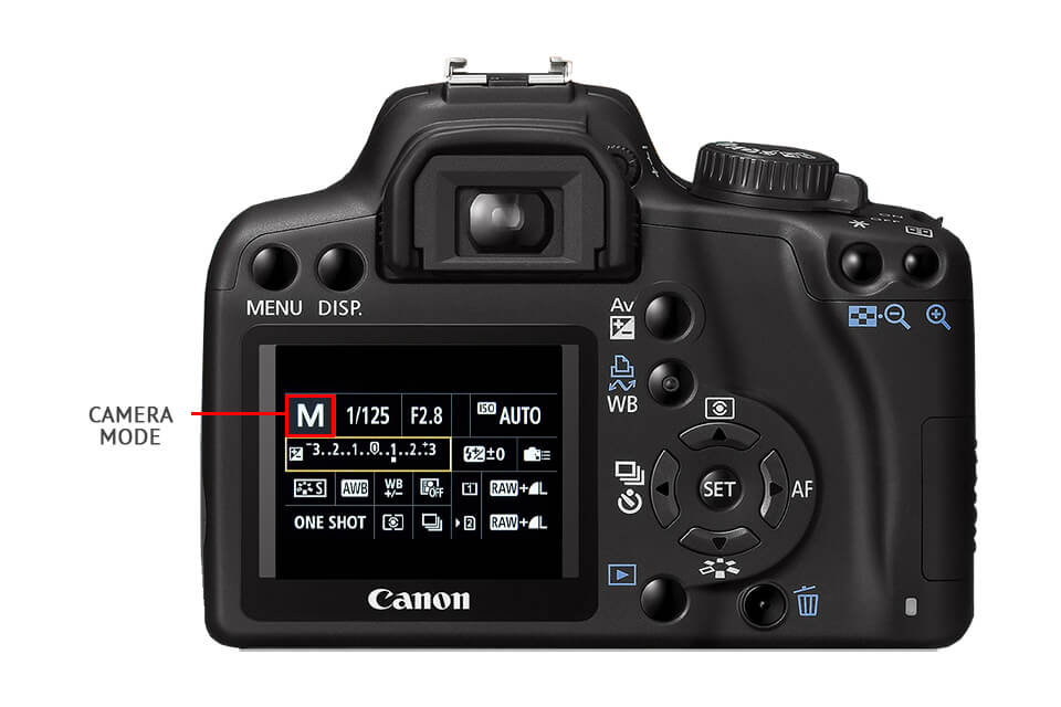  A diagram of a camera with the menu option 'Camera Mode' highlighted in red, and the settings below it showing 'M' for manual mode, '1/125' for shutter speed, 'F2.8' for aperture, and 'ISO 400' for light sensitivity.