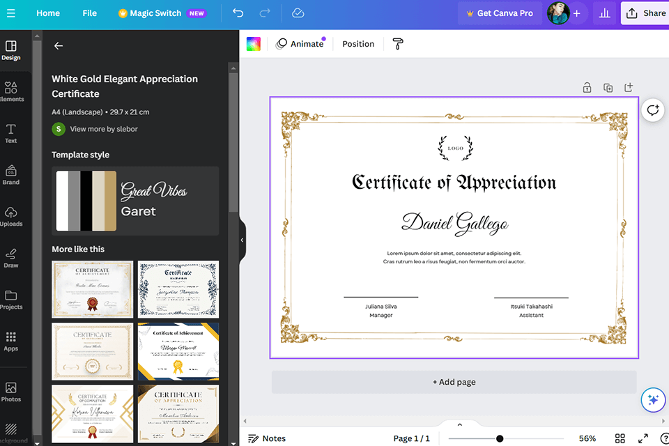 canva free certificate maker