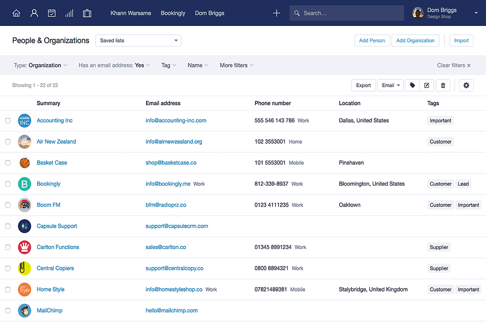 capsule crm contact management software interface
