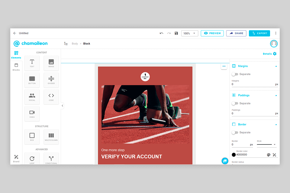 chamaileon email template builder interface