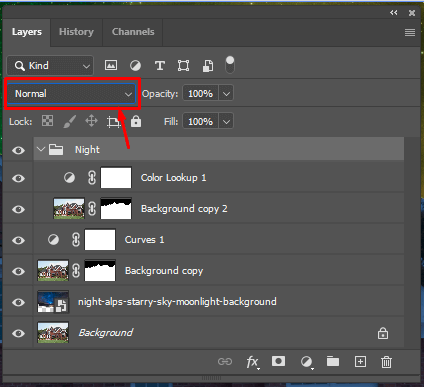 change the blend mode to turn day into night in photoshop