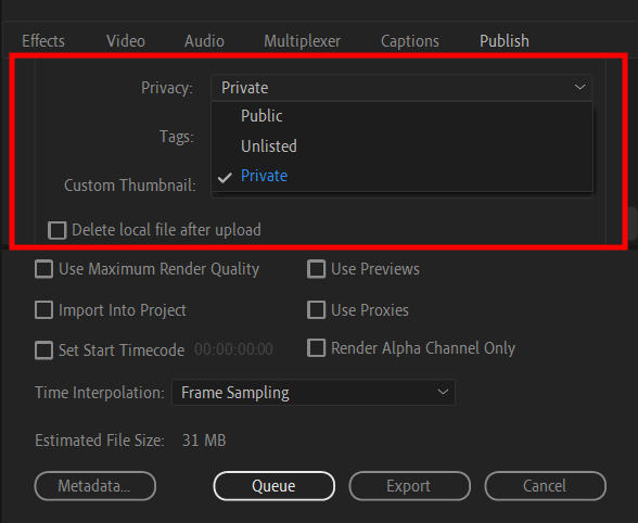 change the privacy settings to use adobe premiere to upload youtube videos