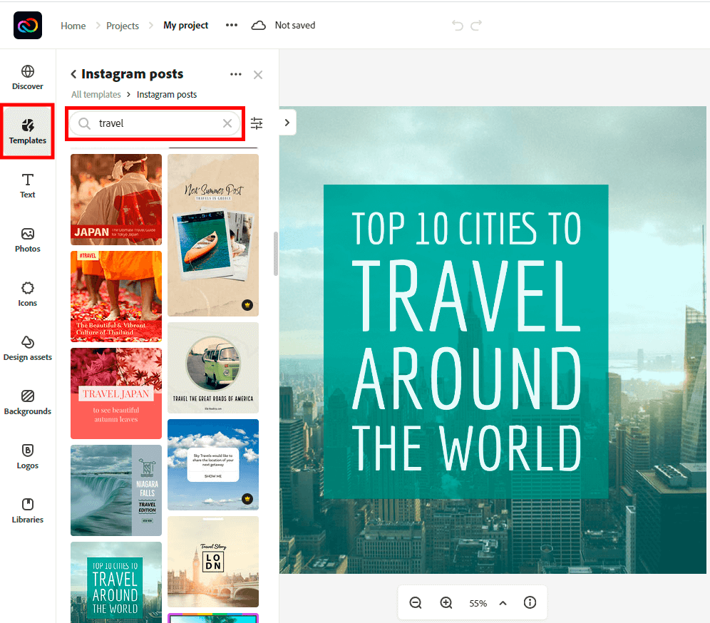 choose a template to create instagram post in adobe cc express