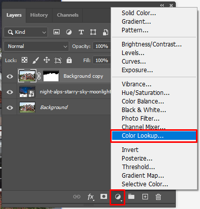 choose color lookup to turn day into night in photoshop