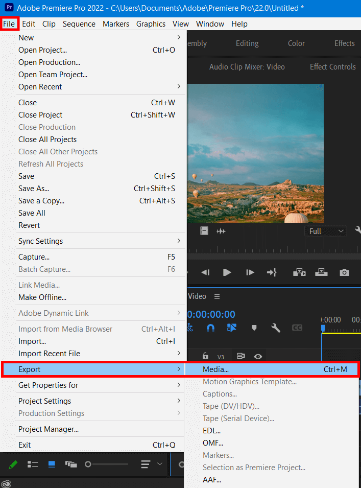 choose export in premiere pro to upload youtube videos