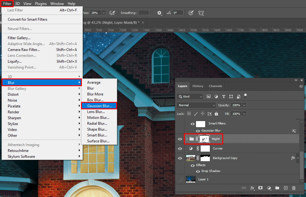 choose gaussian blur to turn day into night in photoshop